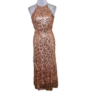 Donna Morgan Tiffany Sequin Maxi Dress 0 XS Rose Gold Halter Neck Cocktail Party